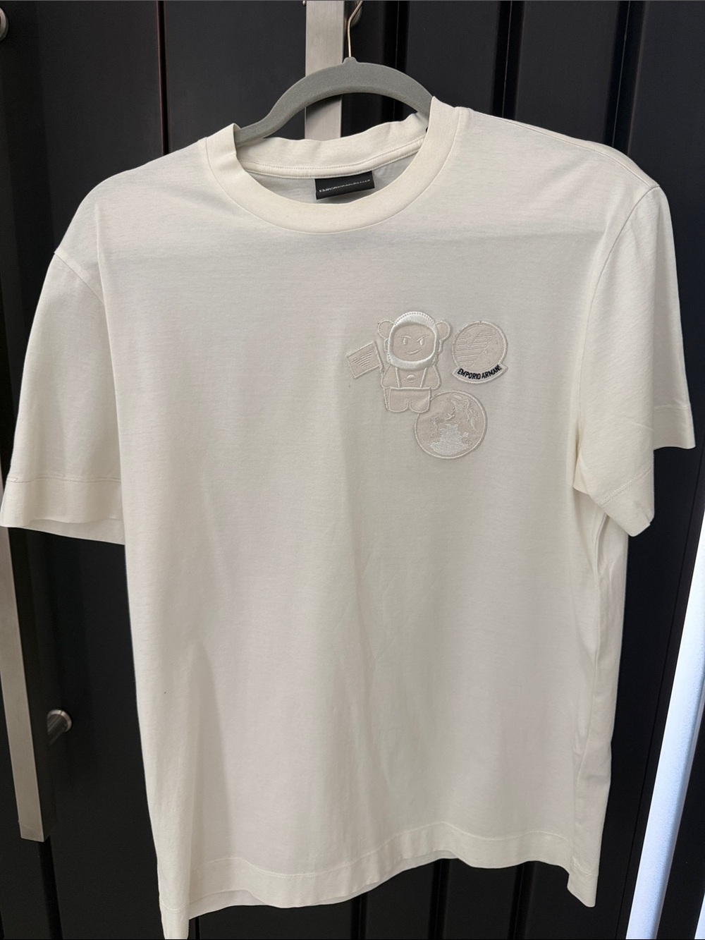 Emporio Armani White Short Sleeve Crewneck Tee with Embroidered Patches